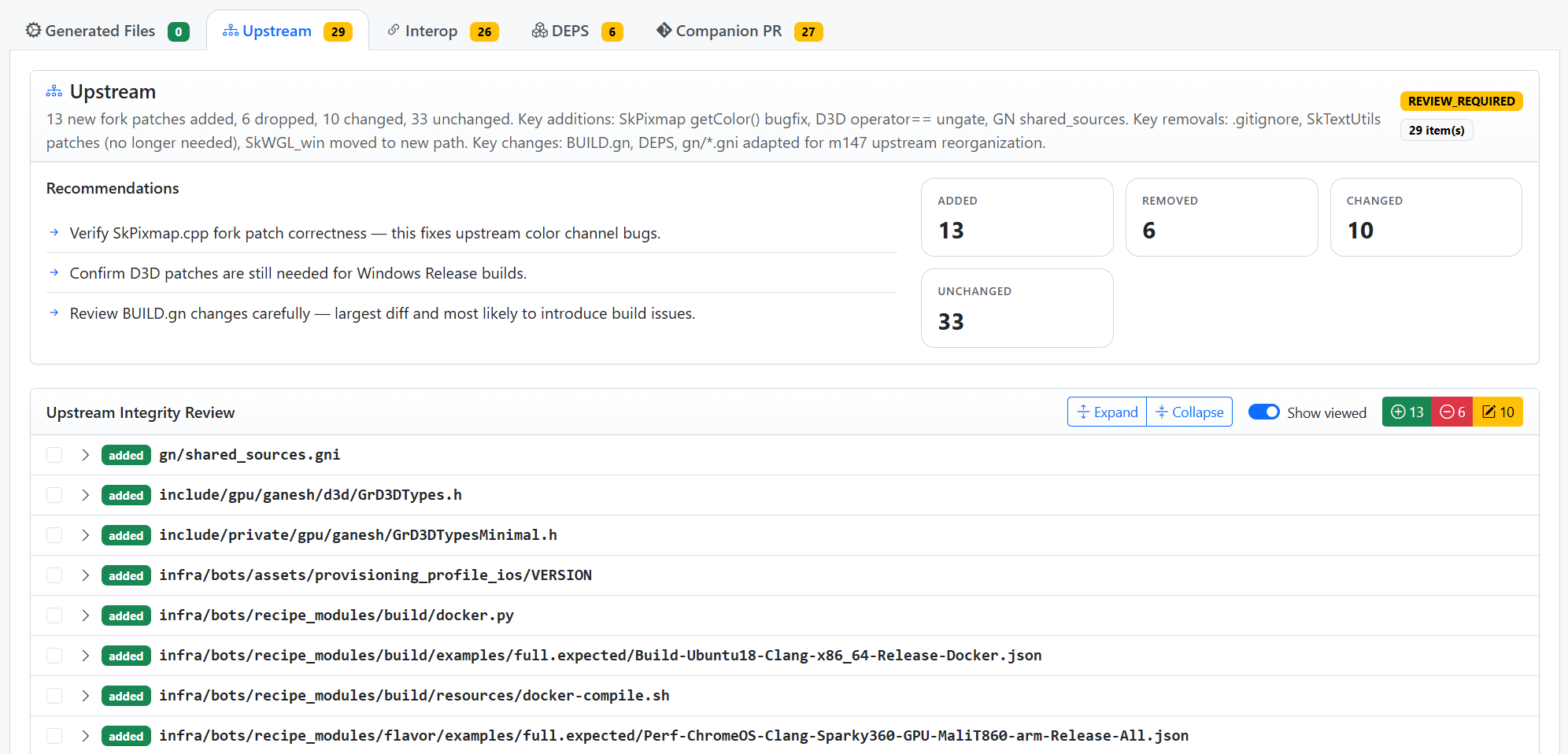 SkiaSharp review report — Upstream tab showing added/removed/changed patches